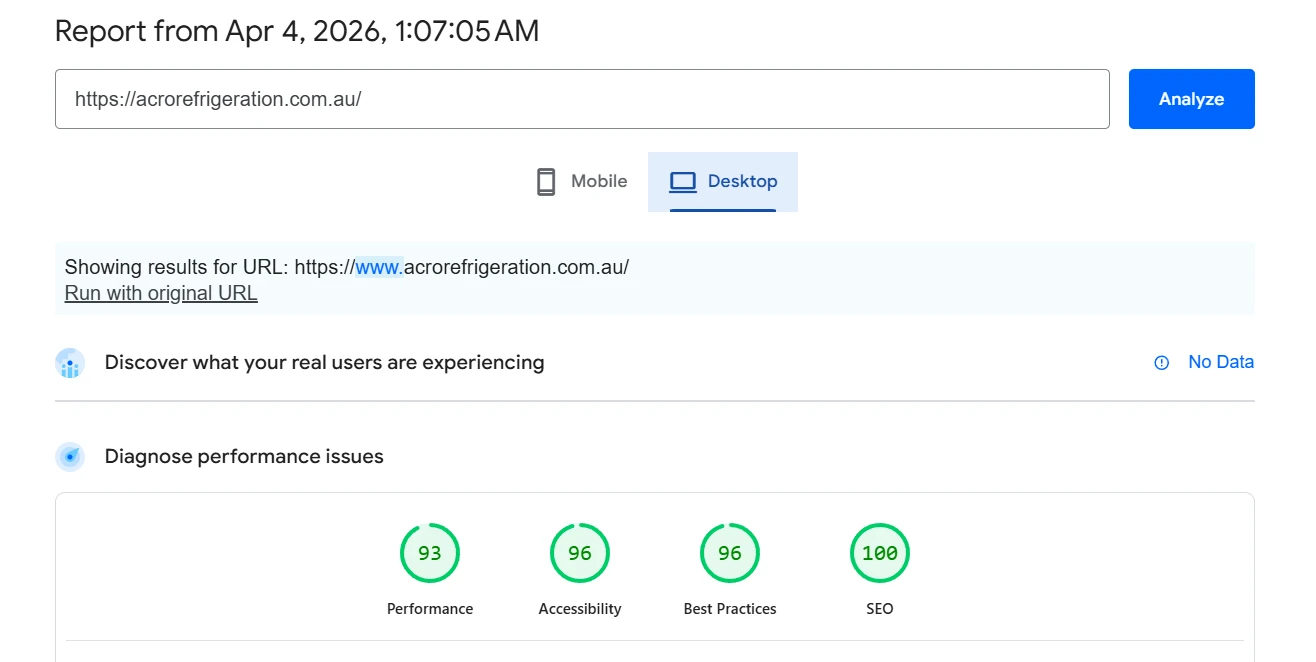 New website performance assessment — Performance: 93, Accessibility: 96, Best Practices: 100, SEO: 100