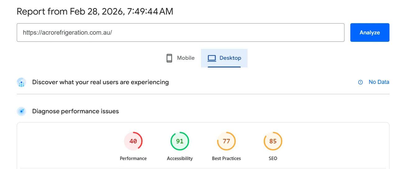 Old website performance assessment — Performance: 40, Accessibility: 91, Best Practices: 77, SEO: 85