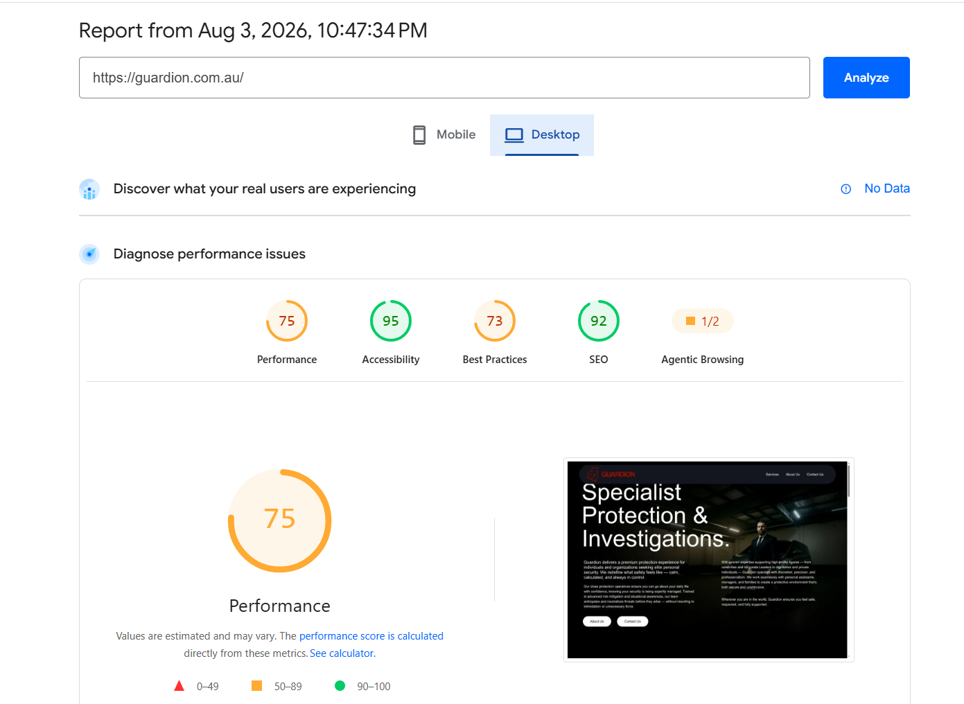Old Guardion website performance assessment — Performance: 75, Accessibility: 95, Best Practices: 73, SEO: 92